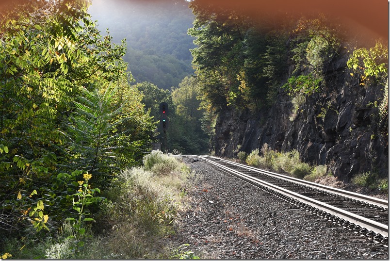 CSX medium clear signal at the south end of Elkhorn. “Medium speed through turnouts, crossovers, sidings and over power operated switches; then proceed.” Elkhorn SE.
