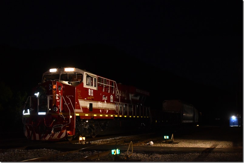 Darkness falls as M692 awaits a new crew in front of the Shelby yard office. 09-19-2024. CSX 911.