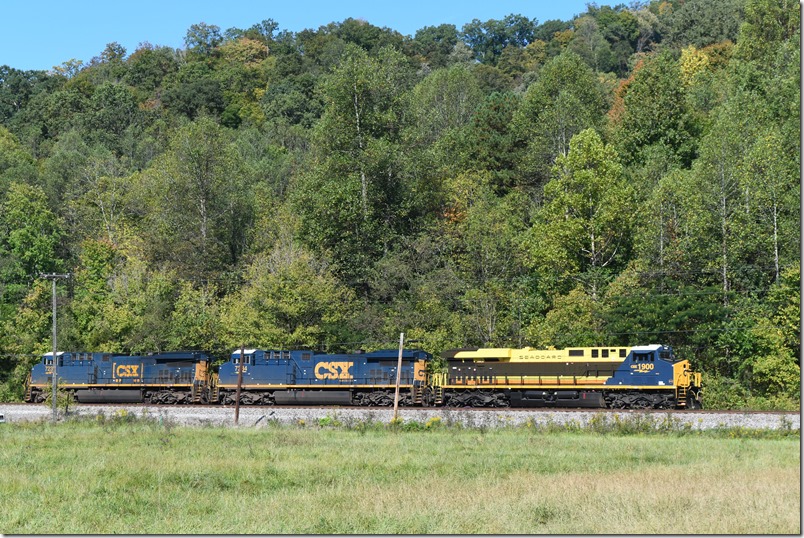 Now they are heading west to EM Cabin to cross over to No. 1 main. CSX 1900-7384-7233. Emma KY.