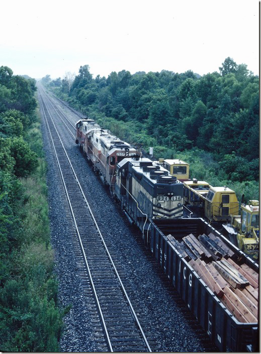 LM-7 has 108 cars this day. NOW: The main on the left runs through a R.I.P. car shop complete with a drop table. The track on the far right is now a main. More on that later. ICG Fulton KY.