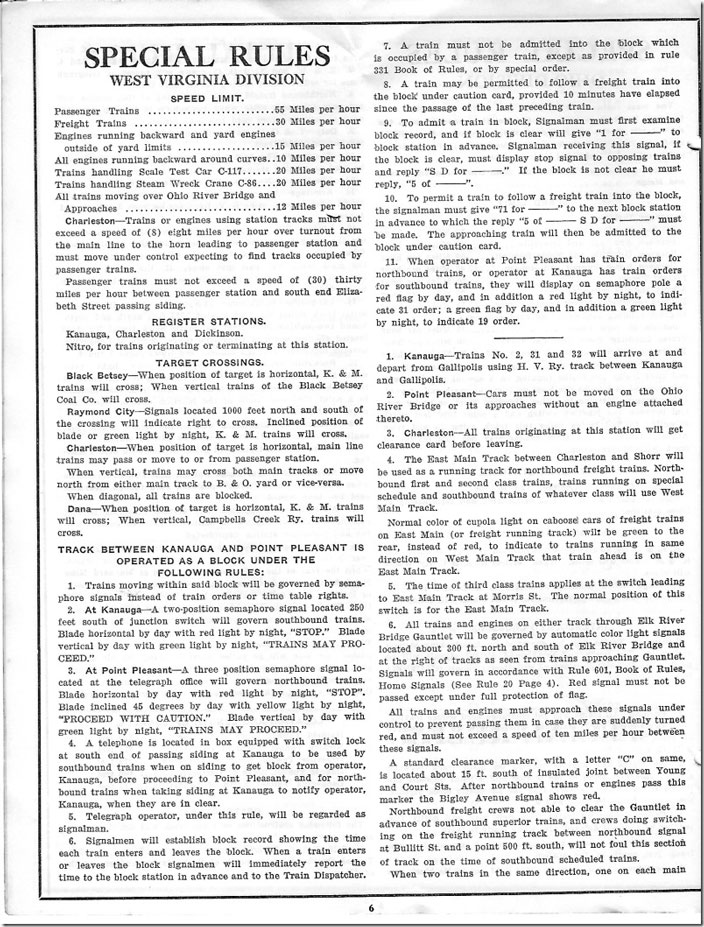 K&M - Time Table No 9, Special Rules, West Virginia Division.