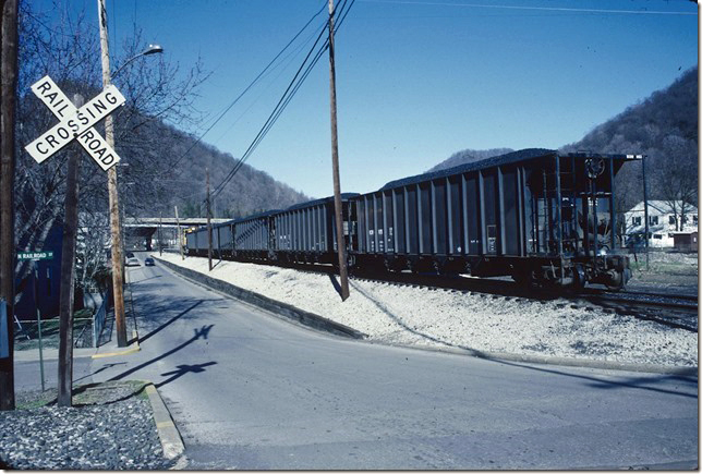 KC&NW 1 shoving loads toward the barge terminal. View 2. Cedar Grove WV. 02-20-1990.