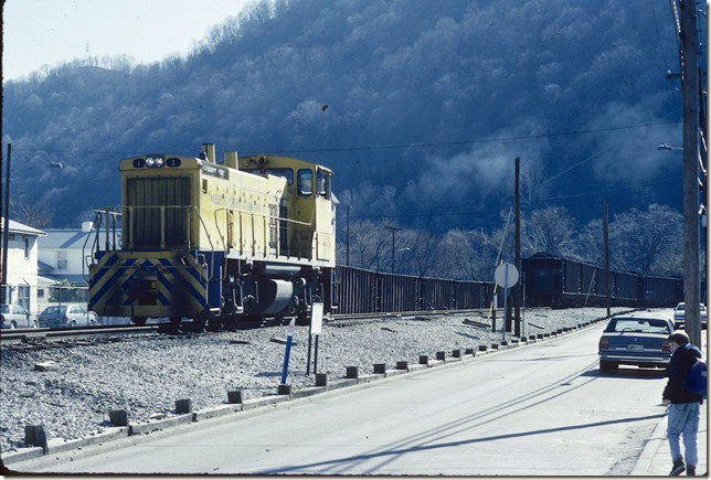 KC&NW 1. Now they will couple onto those empties on the left and head back up the creek. 1990.