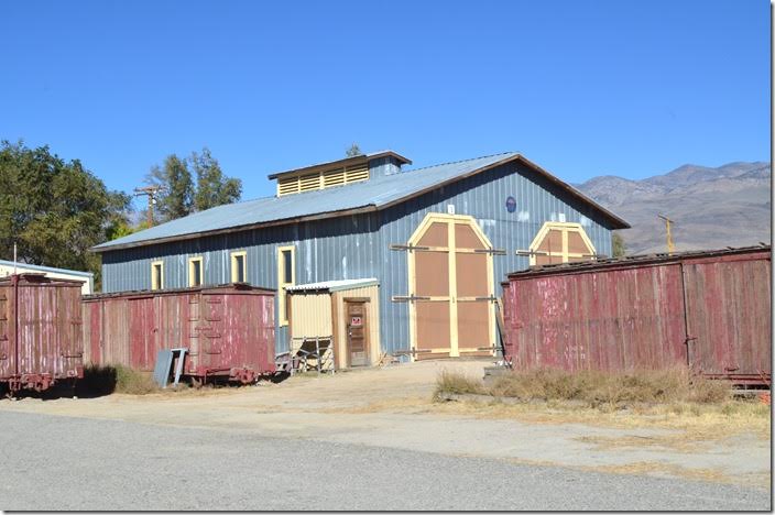 The restoration shop is not part of the original layout. It houses the Death Valley Railroad Brill car, but I didn’t get a chance to see it. You can see the numerous truck-less narrow gauge boxcars spaced about. Upon digging around various websites I was shocked at the number of these boxcars still extant as sheds, hen houses, etc.! They’re all over the Owens Valley! Laws CA.