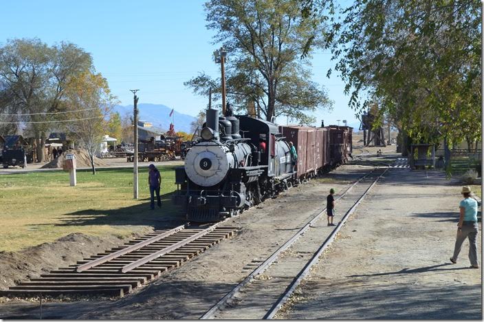 Southern Pacific’s narrow gauge line extended from Mound House NV, to Keeler CA. In the 1930s SP abandoned it from Mound House to Laws which left only Laws to Keeler. By this time SP had built a standard gauge branch north out of Mohave CA to Lone Pine which connected with the narrow gauge at Owenyo. The isolated narrow gauge business – mostly mineral -- was trans-loaded to the standard gauge at Owenyo until abandonment in 1960. SP 9. View 2. Laws CA.