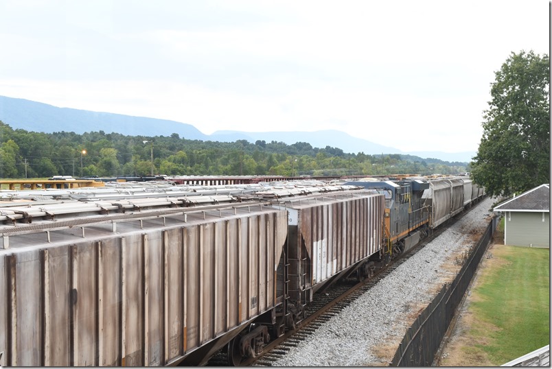 View from second floor of depot looking south at yard. Freight parked on main line. CSX yard. Etowah TN.