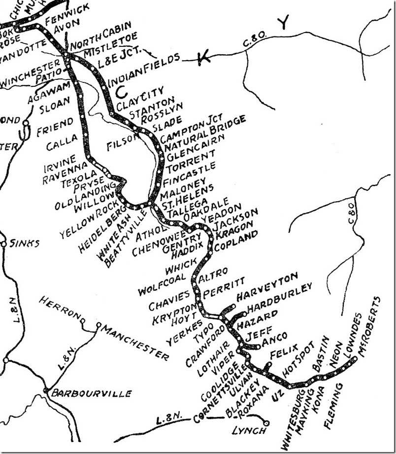 Eastern end of the EK Div. showing the Lots Creek and Jake’s Branches out to Hardburly. L&N EK #81. 12-12-37.