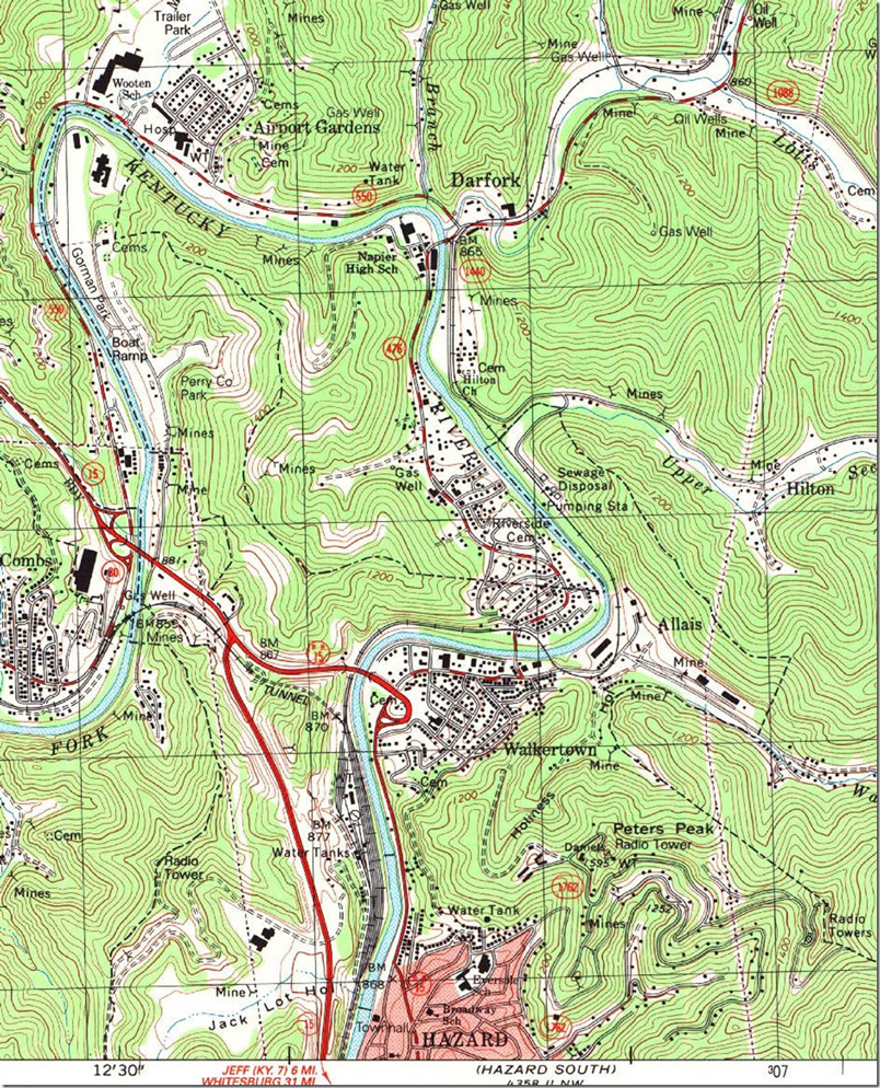 USGS Hazard North quad, 1:24,000 scale, 1992. North Hazard yard to Darfork. Hazard North, KY, 1:24,000 quad, 1992, USGS.