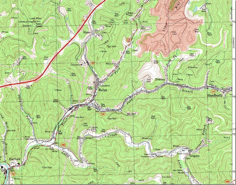 Darfork to Bulan, Hiner, and Hardburly circa 1992. Hazard North, KY, 1:24,000 quad, 1992, USGS.