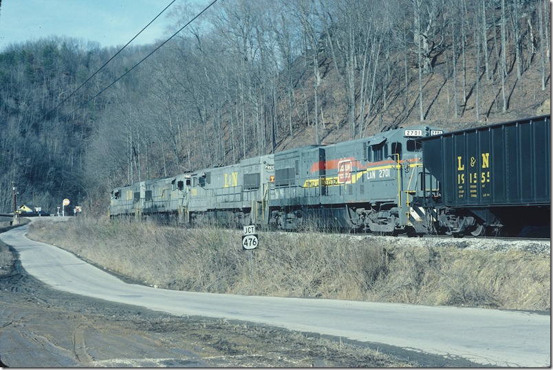 Hazard No. 3 approaches the KY 476 grade crossing at Darfork. 02-14-1982. L&N Lotts Creek.
