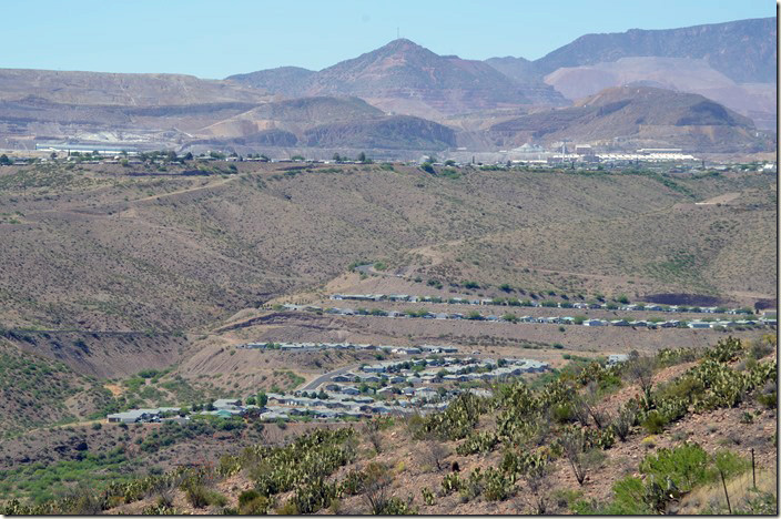 From US 191, this view looks west at the town of Morenci AZ. The copper concentrator is the upper right. Clifton is down in the valley.