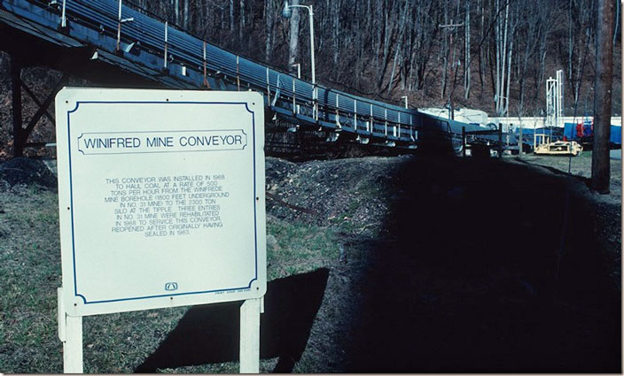 The conveyor comes out of the mine to the top of the huge storage silo. Lynch Winifrede Mine Conveyor.