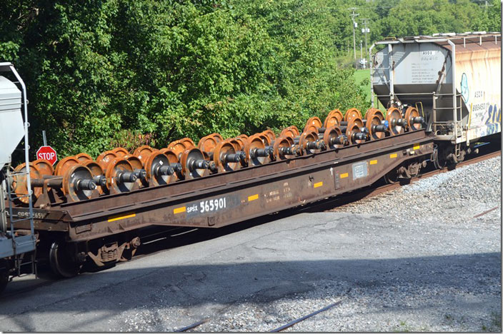 SPSX (Progress Rail) flat 565901 is ex-N&W 59501, nee-32859, built 1965. Levisa Jct. KY on 09-06-2021. At this point I want to mention how much we will miss the late Carl Shaver. He was an expert on rolling stock and motive power and had the knowledge and resources to dig up the additional information that I often provided.