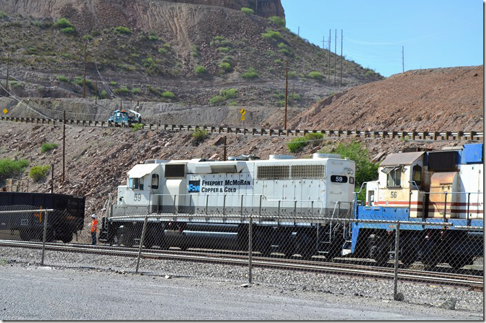 I don’t know the history of F-M 59. F-M 56 is a GP38-2 acquired new by P-D in 1976. I didn’t even get the number of the fourth unit! Morenci AZ.