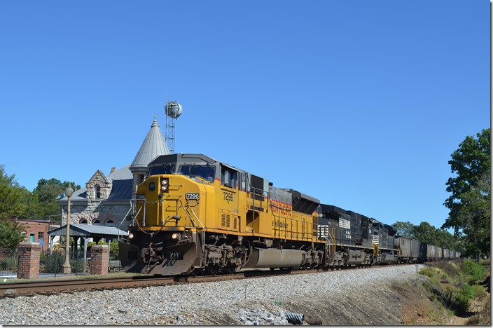 NS 7296-9186-1144 head s/b coal train 710-03 (Carbo VA to Birmingham). 710 has 88 loads that originated at Superior WV (True Energy Coal Sales) and Gary (Midvol Coal Sales) for ABC Coke Division of Drummond Corp. at Tarrant AL. These were system tubs and hoppers. Fort Payne AL.