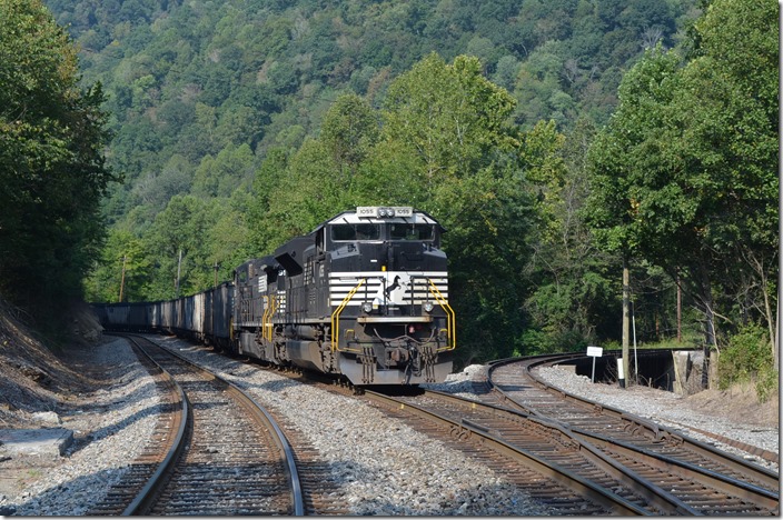 Westbound coal train 82G is parked at Thomas Wye awaiting a crew. The connection to the Levisa Branch leads off to the right. NS 1055-9564 Thomas Wye.