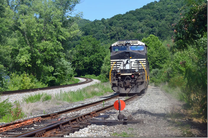 NS 8012-9521 are parked on the Paragon Spur at Appalachia with shifter U48-16. This train loaded at Red River Coal’s Steer Branch mine at Holton (near Norton) and not at the Paragon Mine. It had 74 cars consisting of 60 loads for Tennessee Eastman at Kingsport and 14 for White River Coal Sales (Savannah Foods) at Port Wentworth GA. Appalachia VA. 07-16-2022.