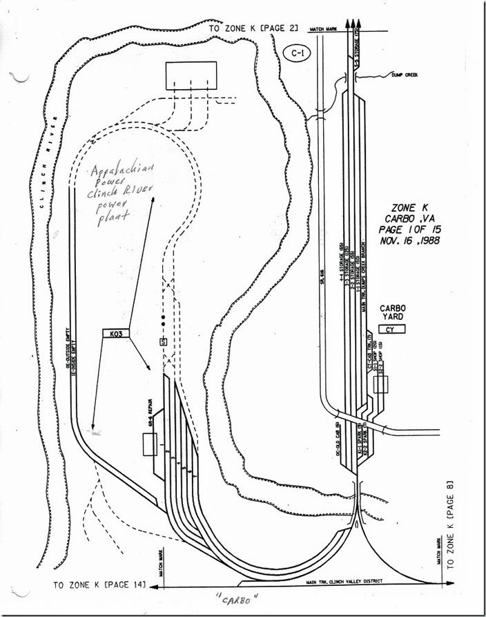 APCO’s Clinch River plant is presently shut down. Originally coal for the plant arrived by rail from the mines on Dumps Creek. NS Carbo yard.