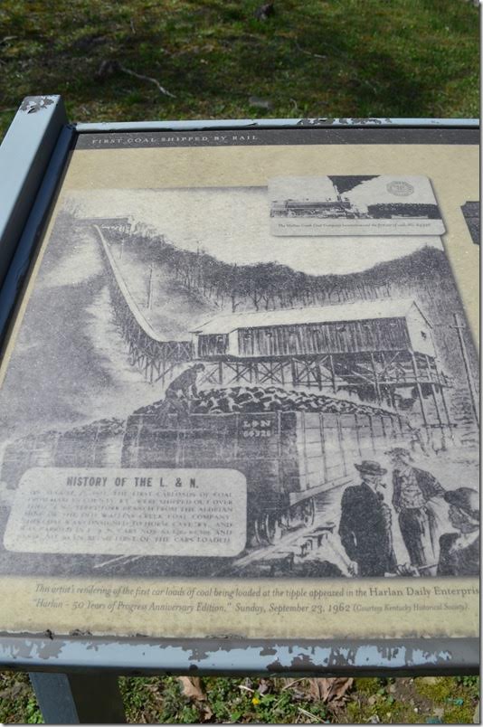 The first car of coal was loaded on the L&N extension from Pikeville into Harlan County in 1911. First Coal Shipped By Rail marker.