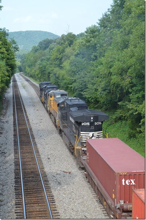 Now the engines are going down hill. The center siding has been removed. NS 8902-9255-UP 8904-9015. View 2. Blue Ridge VA.