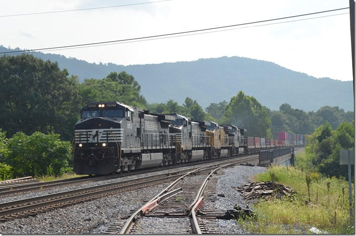 236-21 is crossing US 460 at Villamont. He is really rolling now! The spur goes into a metal recycling business. NS 8902-9255-UP 8904-9015. Villamont VA.