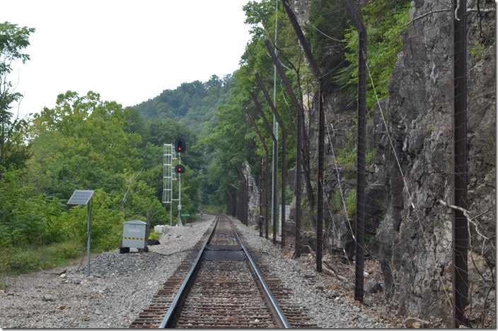 I walked around the curve. As I would expect, the westbound signal was red. NS signal wb. Eggleston VA.