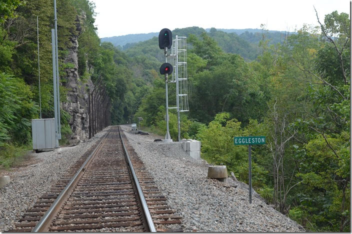 The Whitethorne District is primarily for eastbounds because of its more favorable grade compared with the Christiansburg District across the river. The signal is green. NS signal eb. Eggleston VA.