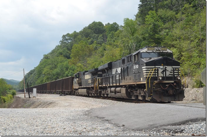 NS 8080-9508 on 68Q-23 are parked awaiting a crew to take the train to Roanoke. The connection with the main line is just a few hundred feet to the east. To my knowledge these rock trains are the only moves on the P-D now between Princeton and Kellysville. Kellysville WV.