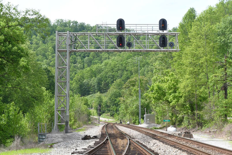 The signal goes to approach diverging lunar on Main 2 to single track.