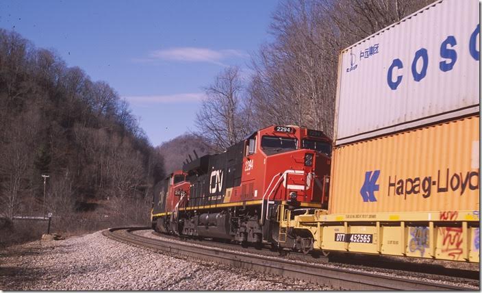 CN ES44DC 2294 trails the pack. The old iron N&W standard whistle sign was the attraction to this location. Switchback.