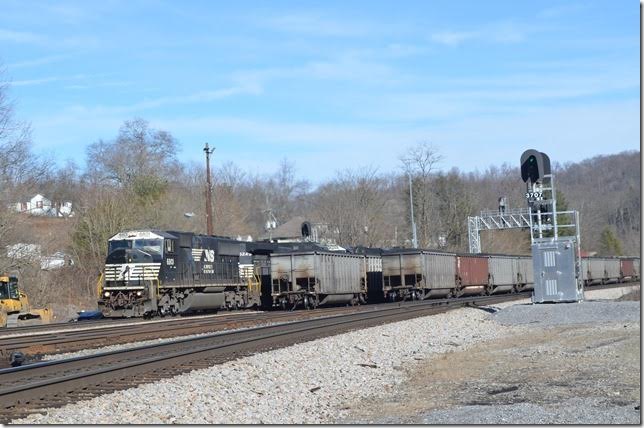 No. 188 rolls through Flat Top (Yards VA post office). Something is coming on Main 2. NS 6801. Flat Top.