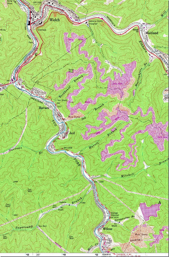 USGS 1:24,000 topo Welch quad 1968 showing Tug tower (Welch) to Wilcoe Yard. Welch, WV, USGS.