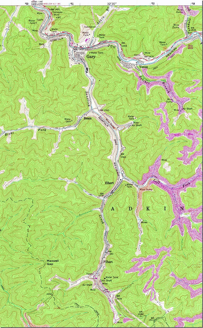 USGS 1:24,000 scale Gary quad 1967 showing entire Sand Lick Br. U.S. Steel had a big mine at Filbert, but I neglected to photograph it years ago. All of the USC&C mines fed raw coal to the huge Alpheus prep. plant below Gary. Gary, WV-VA, USGS.