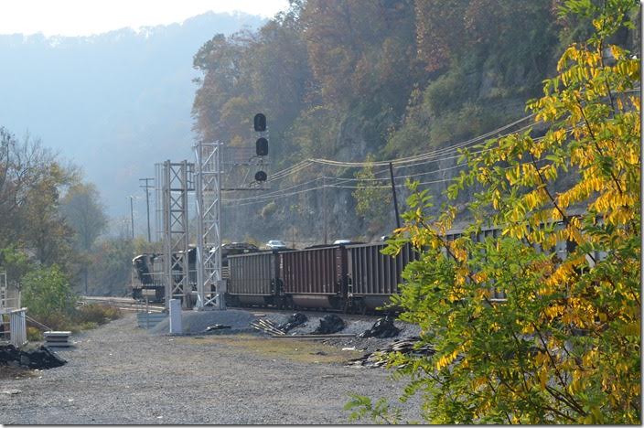 J42 passing the signals leaving Matewan. NS 9200-1099. View 2. Matewan WV. 