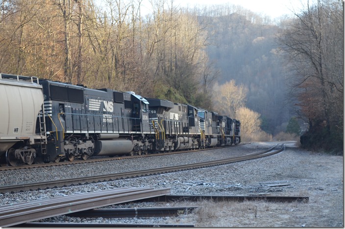 Hatfield Bend Tunnels are just around the curve. NS 9883-9363-2598-8150-2536. Sprigg WV.