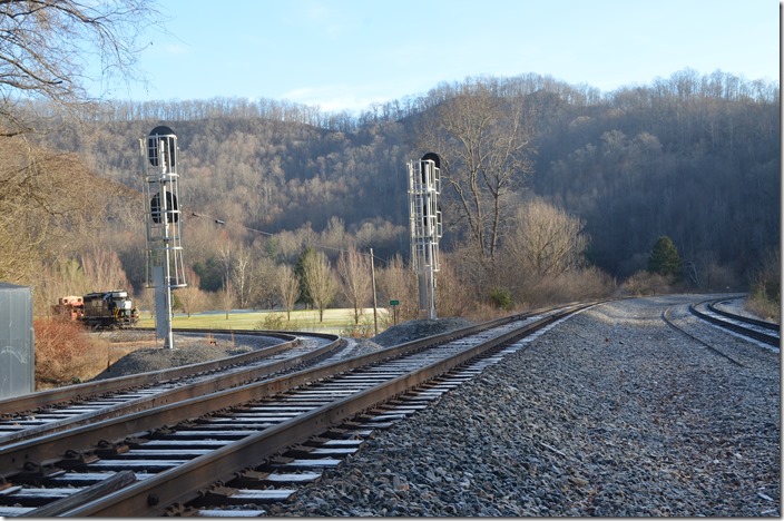 A work train with NS 6114 is parked on the Alma Spur. Alma WV.