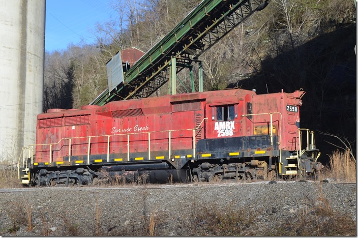 This former Southern GP30 has been at this mine for years, although it was owned by Massey Energy or Alpha Natural Resources. AMRX is a reporting mark for Amerimex Rail Solutions. Their website reveals that they scrap locomotives and resell the parts. They indicate they will scrap on site. Better get your pix now. AMRX 2598. Lobata WV.