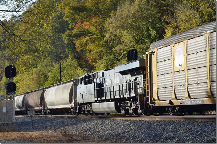 NS 8071 DPU is cut in behind 47 and ahead of 52 cars. No. 8071 is an ES44AC built 01-2011 when NS finally wised up to AC traction locomotives. Cedar WV.