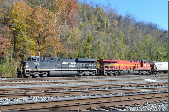 NS 7683-8114 wait for a crew to depart Williamson WV on w/b 51Z-11 (Winston-Salem – Fostoria) with 85 grain empties. 11-12-2021.