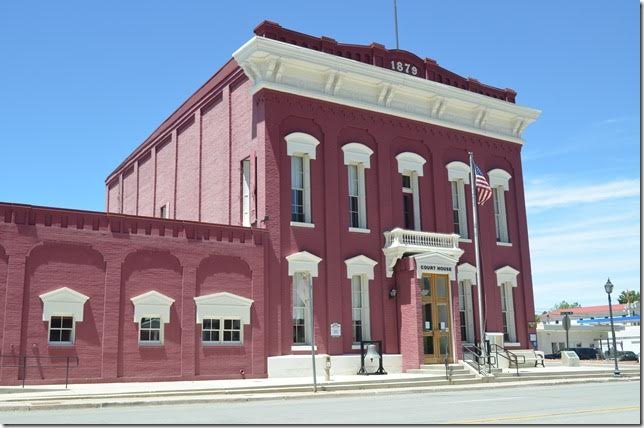 Eureka County court house in Eureka NV. Eureka is a historic mining town on US 50. Read about it at www.EurekaCounty.com. Like the Nevada Northern, the Eureka & Palisade Railroad came south with a lengthy 84-mile line from the SP main at Palisade. Quite a few structures are still standing in Eureka.