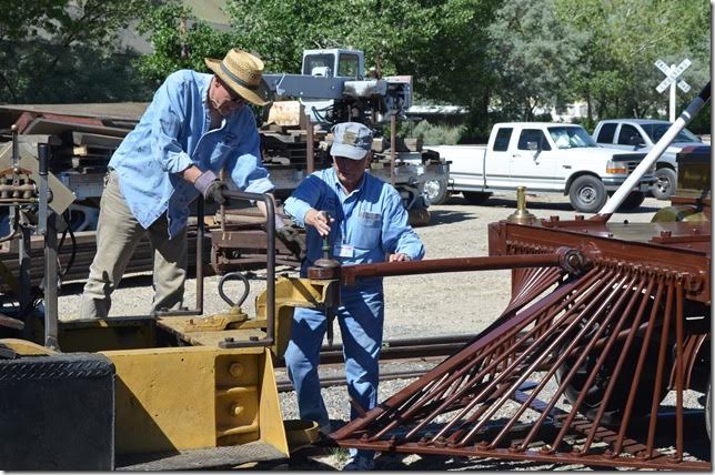 Using an adapter on the shop goat to move the link-and-pin equipped front coupler of the “Inyo.” Keep those fingers in the clear!! (An occupational mark of 19th century railroad brakemen!)