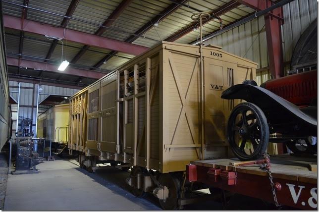 V&T combination box car 1005 was built by the Central Pacific ca. 1872 for the V&T. This multi-purpose car was equipped with two sliding doors, one vented and one closed. They were used for shipping merchandise, livestock, perishable fruits and vegetables. When shipping merchandise the vents could be closed. It was sold to Paramount Pictures in 1938 and acquired by the State of Nevada in 1971. It was rebuilt to its 1872 appearance.