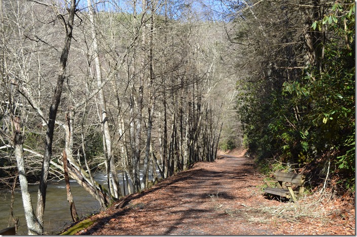 Looking north along White Top Laurel Creek toward Creek Junction. Original V-C and N&W right-of-way to Konnarock. NW roadbed. Creek Jct VA.