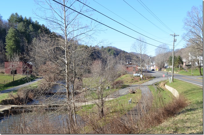 The only landmark remaining from Link’s color photo in this view looking north at Lansing NC, is the red barn and bridge on the left. The abandoned roadbed is a walking track here. NW roadbed. Lansing NC.