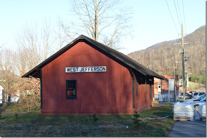 The 10 miles between Lansing and West Jefferson has developed to the point that to traipse on the old roadbed might border on trespassing. This depot has been relocated from the actual alignment, but it is easy to determine where the railroad actually ran about one block off the main drag in West Jefferson. NW depot West Jefferson NC. 