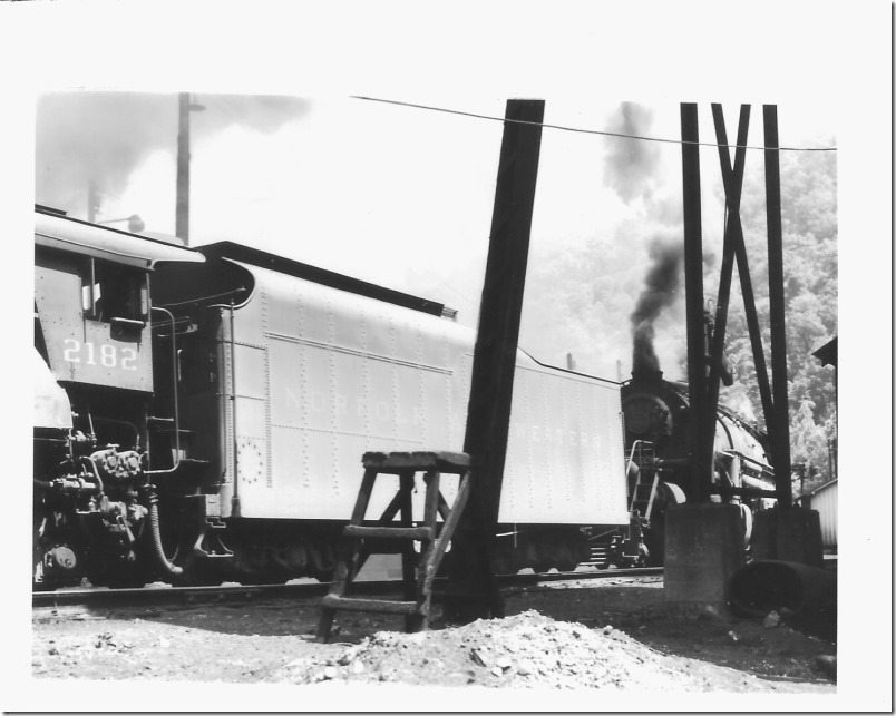N&W 2182 is a Y-6b from the 1949 batch of 2180-2187. Most of if not all of the Y-6s received these handsome streamlined tenders at some point in time. Weller VA. 06-06-1959.