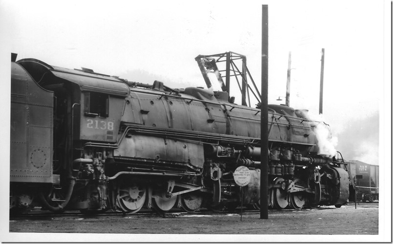 The ash hoist looms behind N&W 2138. Weller VA. 11-22-1959. R. L. Harvey collection.