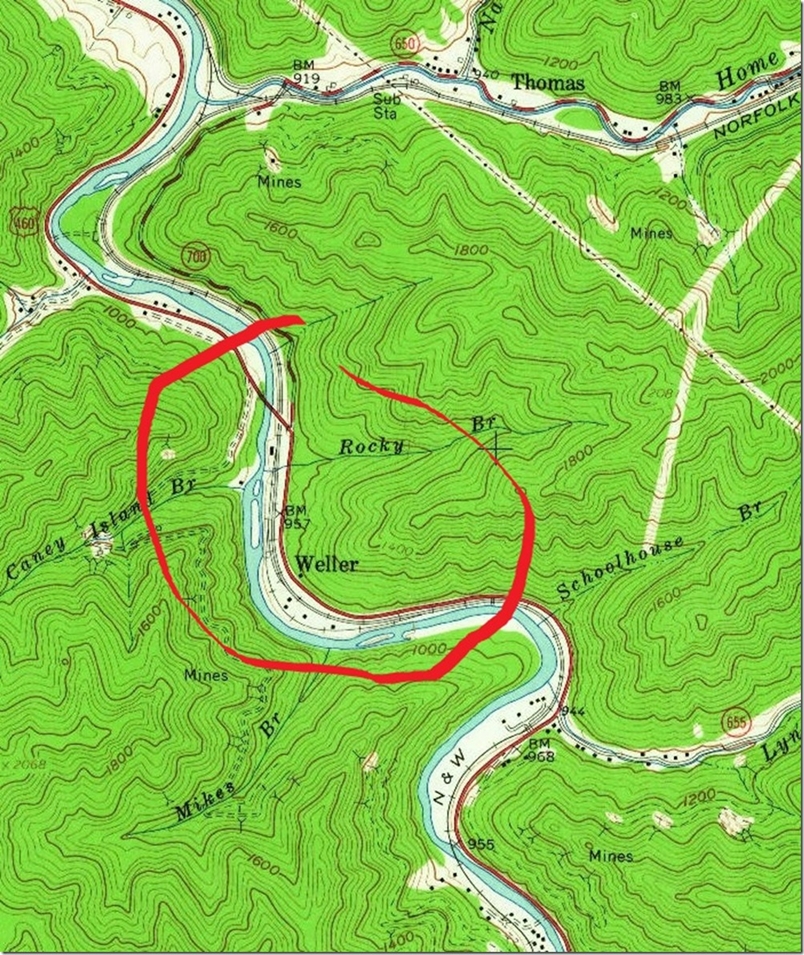 USGS Harman quad, 1963, 24,000 scale. Weller Yard was extended east from roughly Schoolhouse Branch to the Levisa River bridge. Harman, VA-KY, 1:24,000 quad, 1963, USGS.