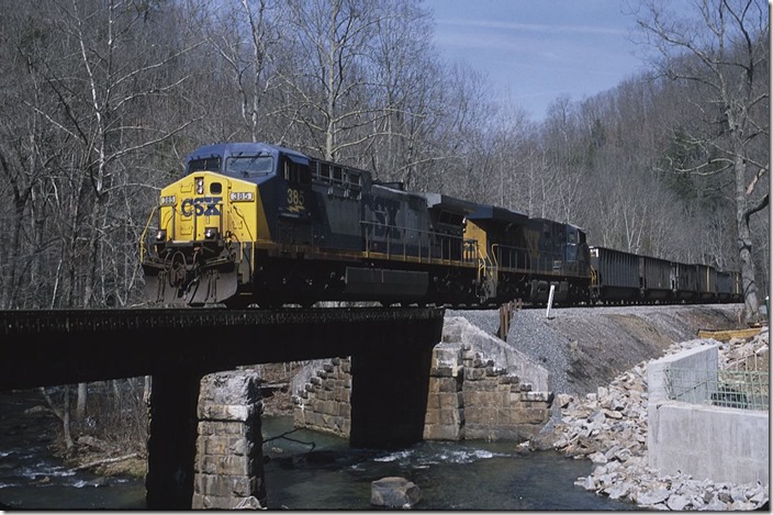 Crossing bridge 35 at Dewitt. The train has 100 ISRX (Arcelor-Mittal), CSX and NYC empties to be loaded for Arcelor-Mittal’s steel mill at Burns Harbor, Ind. 