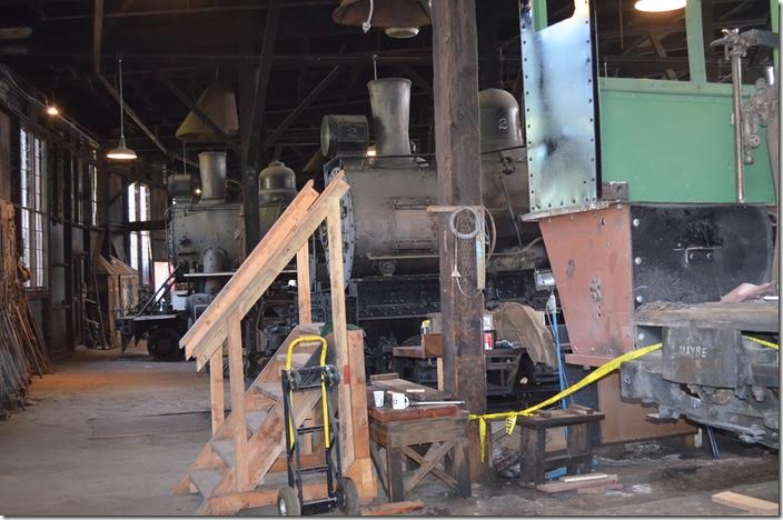 I was given a tour of the facility by a volunteer docent. We see the cab of 2-8-0 28, Shay 2 and 2-8-2 34.